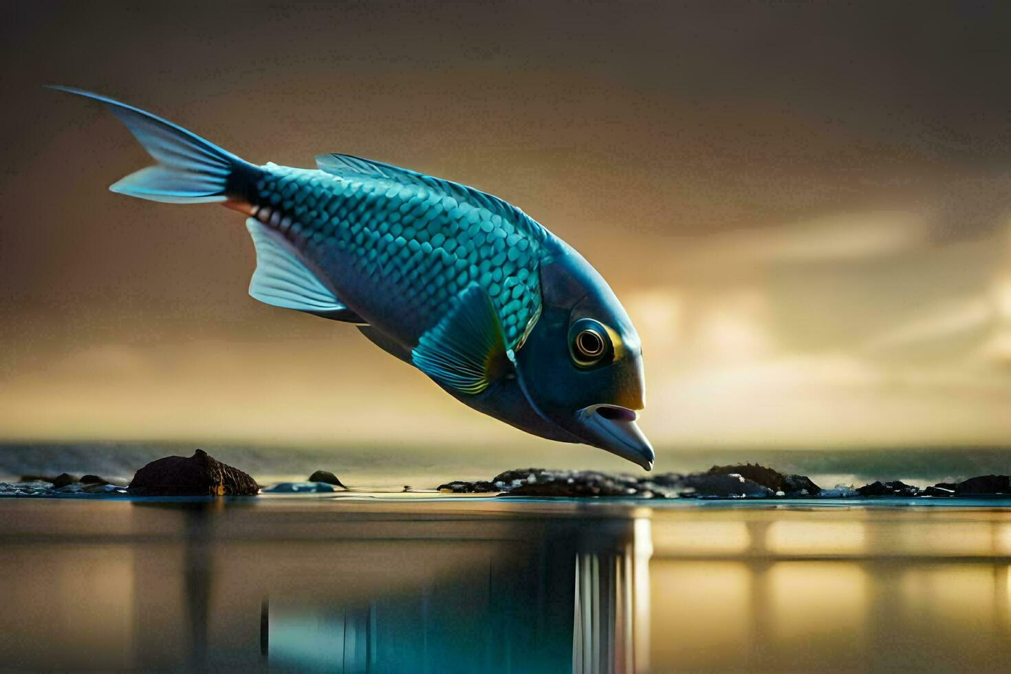a fish flying over the water at sunset. AI-Generated photo