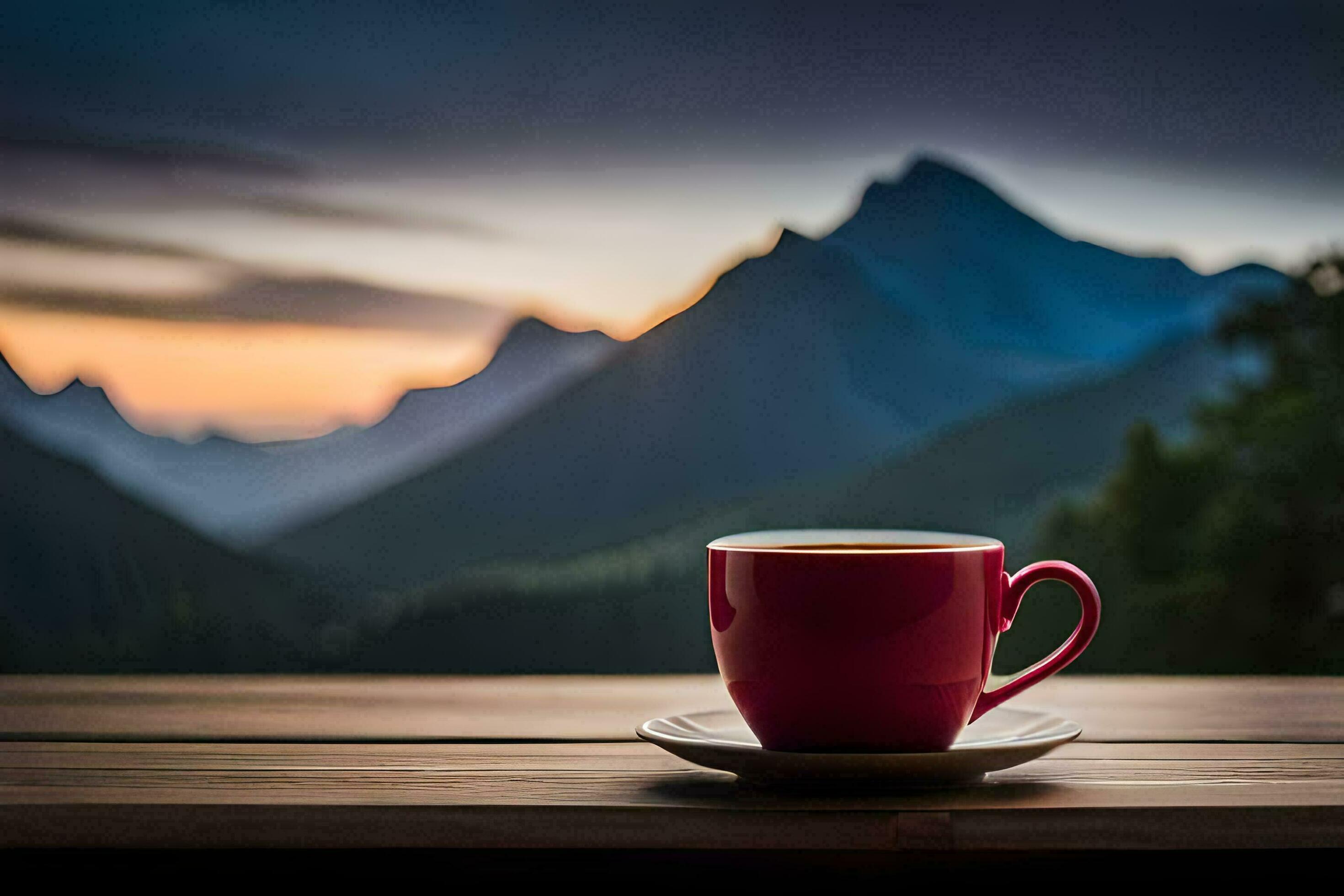 Hot coffee mug on table with high mountain view in the morning. Ai  generated 31708803 Stock Photo at Vecteezy