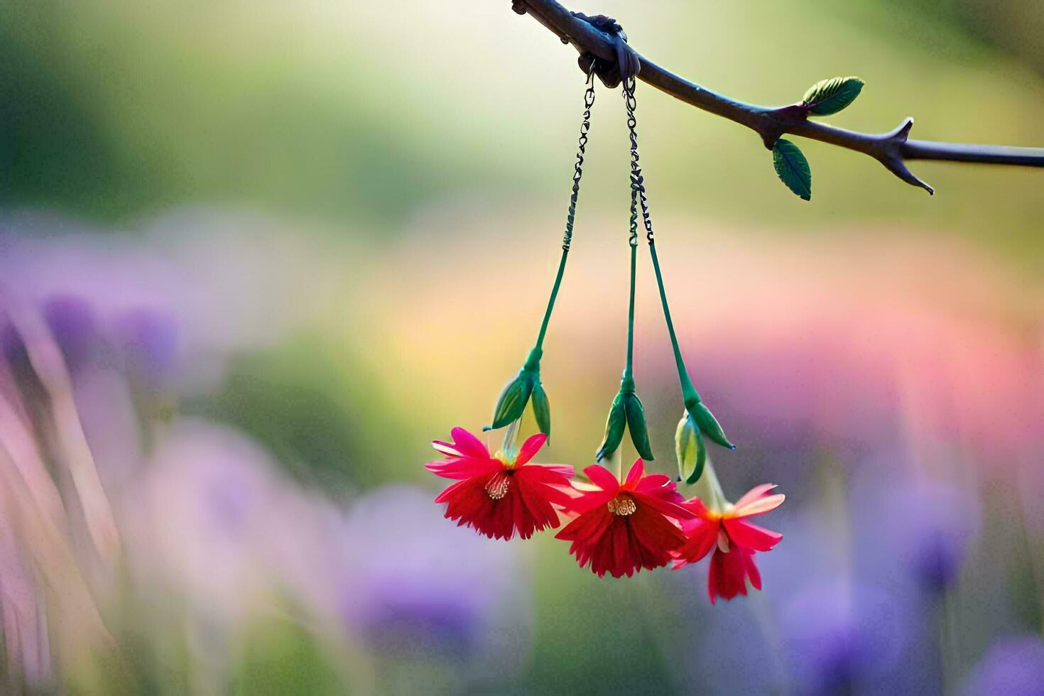 red flowers hanging from a branch in a field. AI-Generated photo