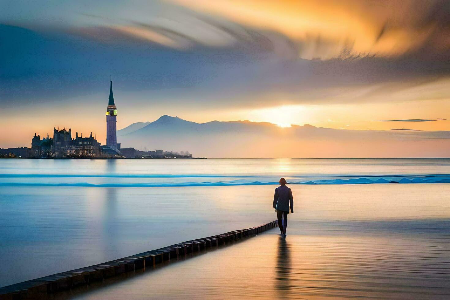 a man stands on a pier looking at the sunset. AI-Generated photo