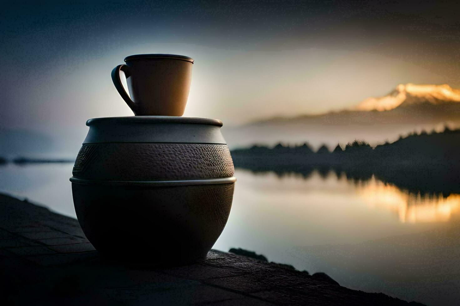 a cup of coffee on top of a barrel by the water. AI-Generated photo