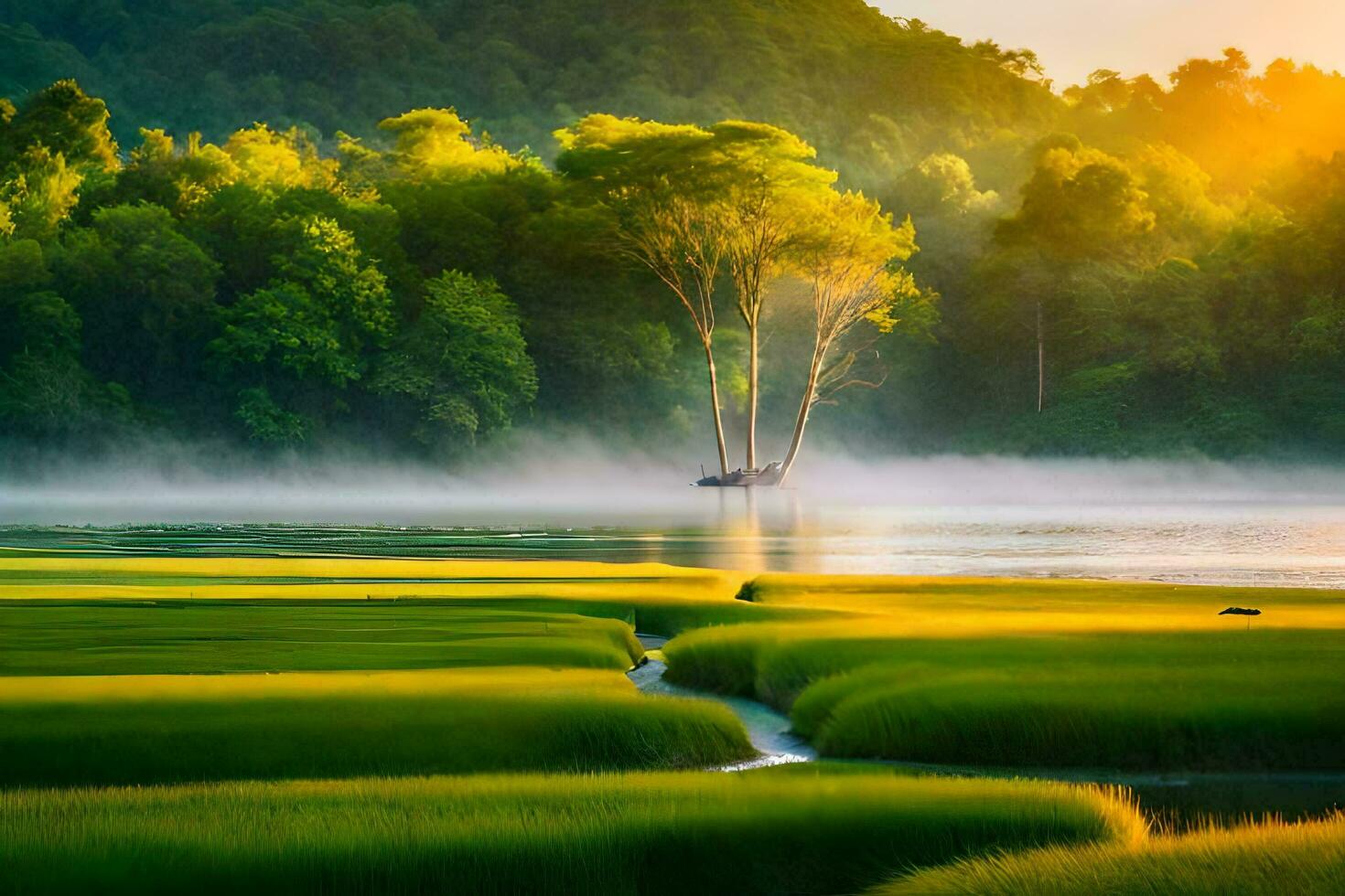 the sunrise over the river. AI-Generated photo