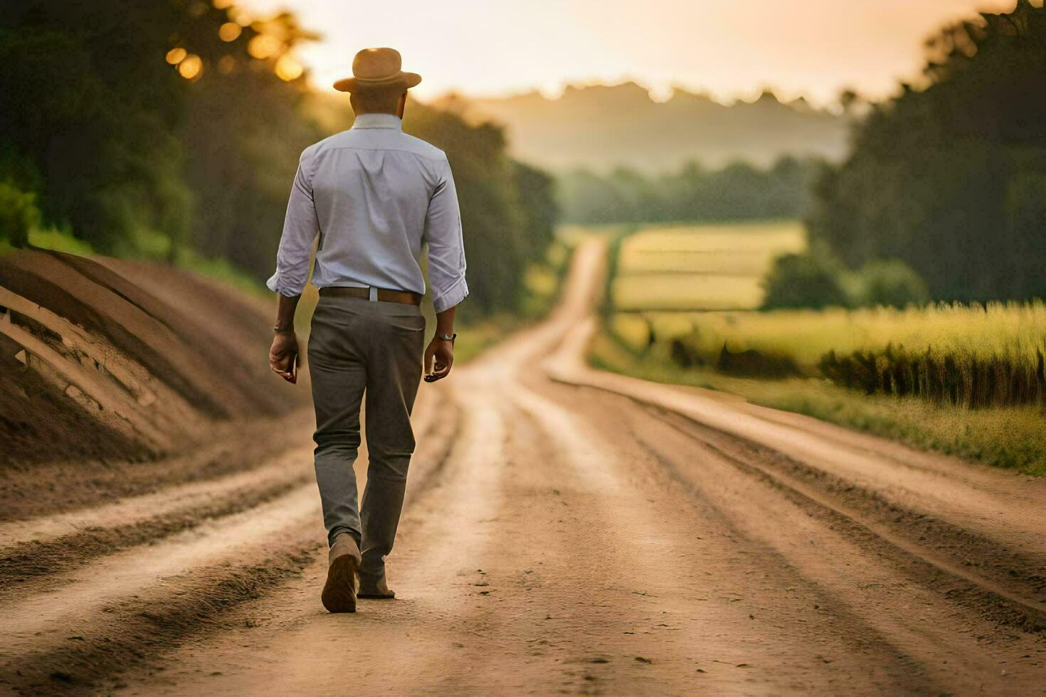 un hombre en un sombrero camina abajo un suciedad la carretera. generado por ai foto