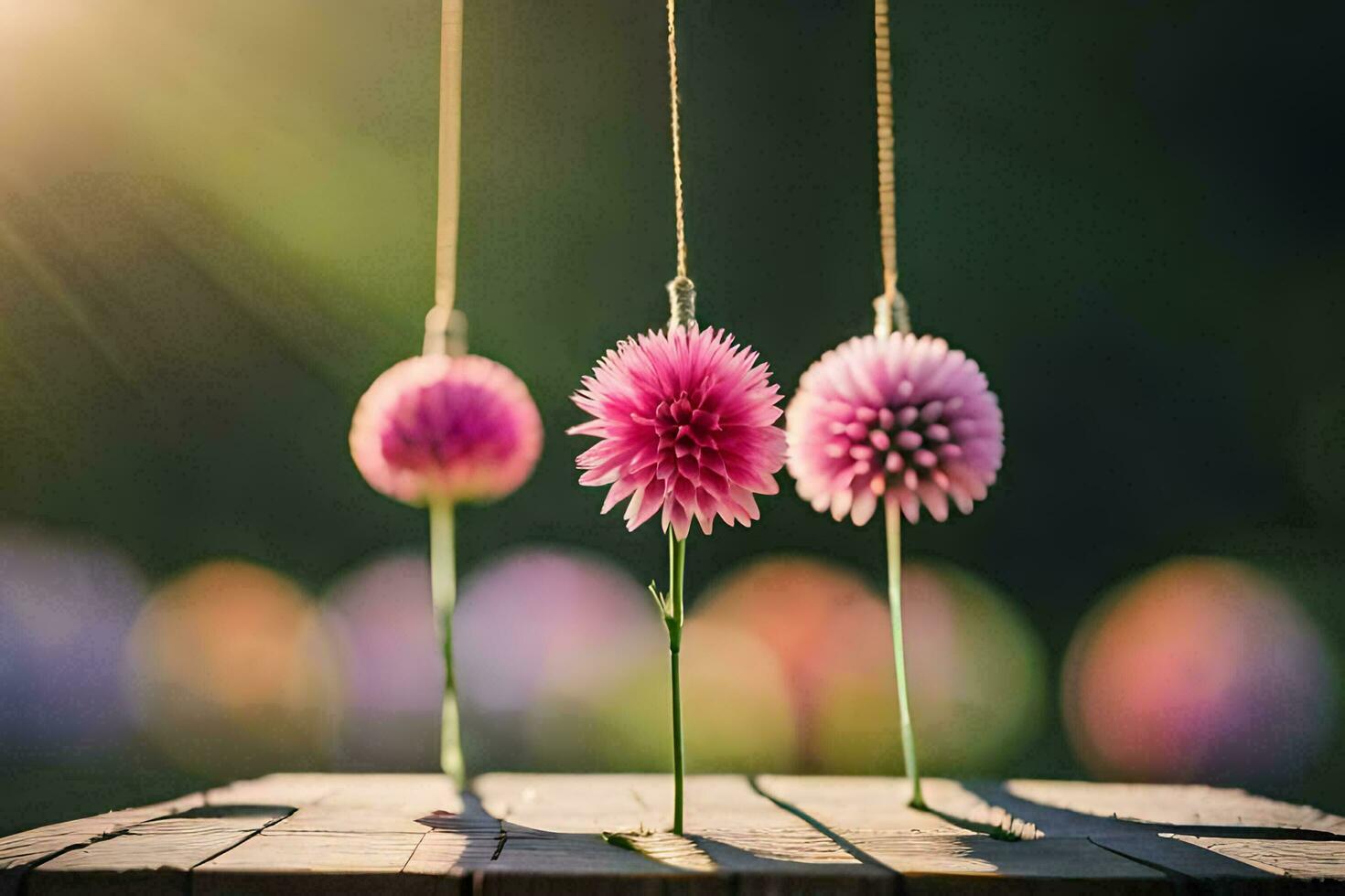 three pink flowers hanging from a string. AI-Generated photo