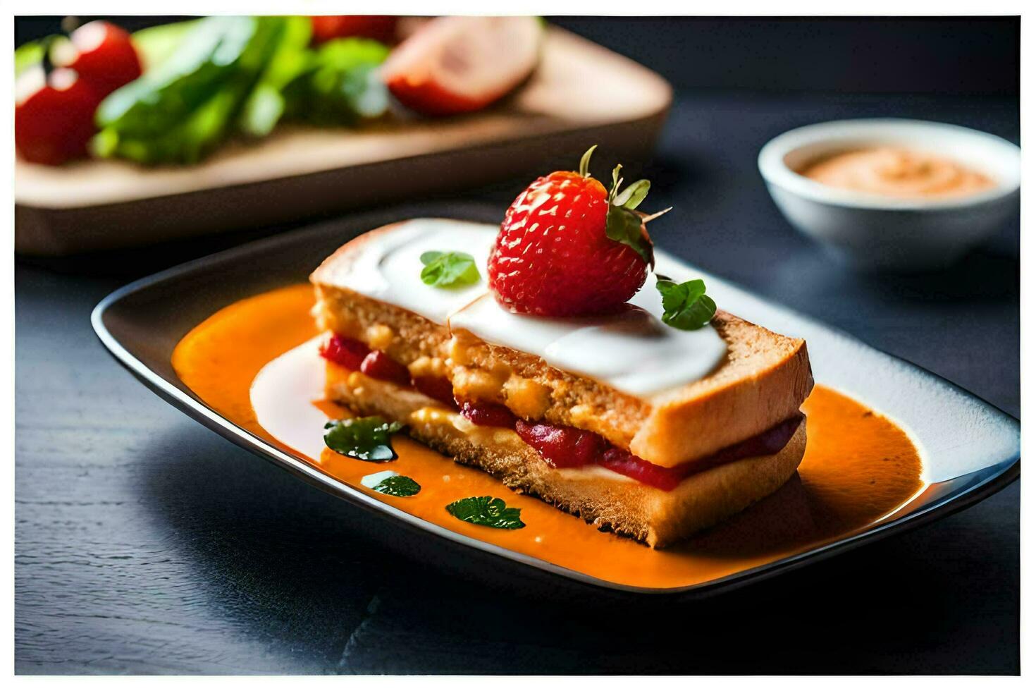 a plate with a sandwich and a strawberry. AI-Generated photo