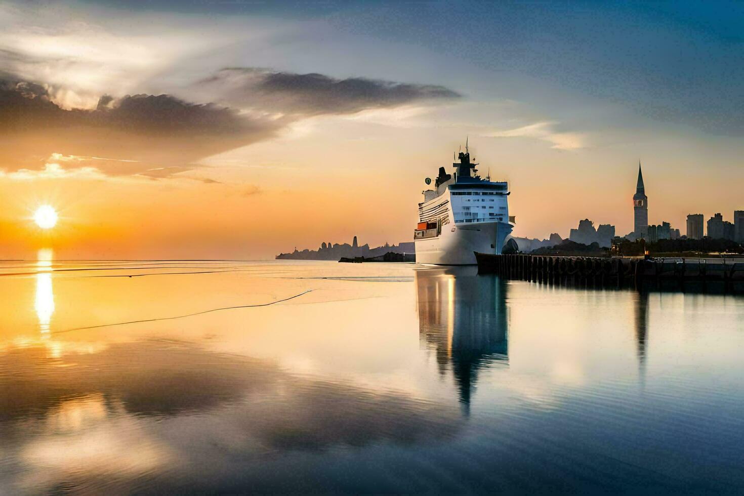 a cruise ship docked at the harbor in the sunset. AI-Generated photo