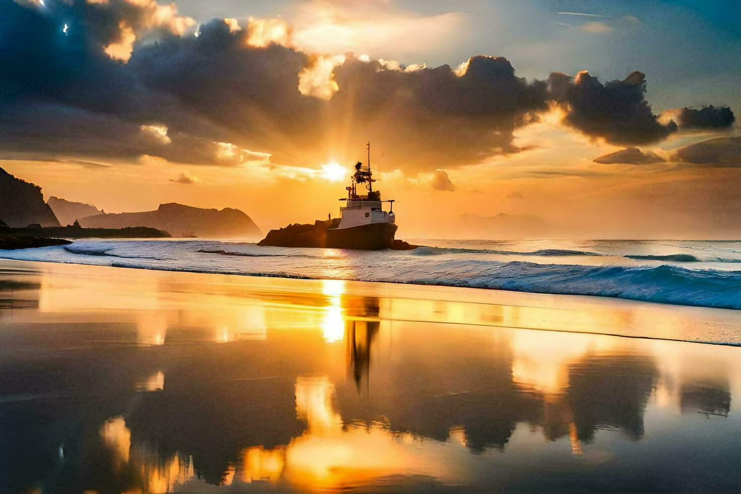 a lighthouse on the beach at sunset. AI-Generated photo