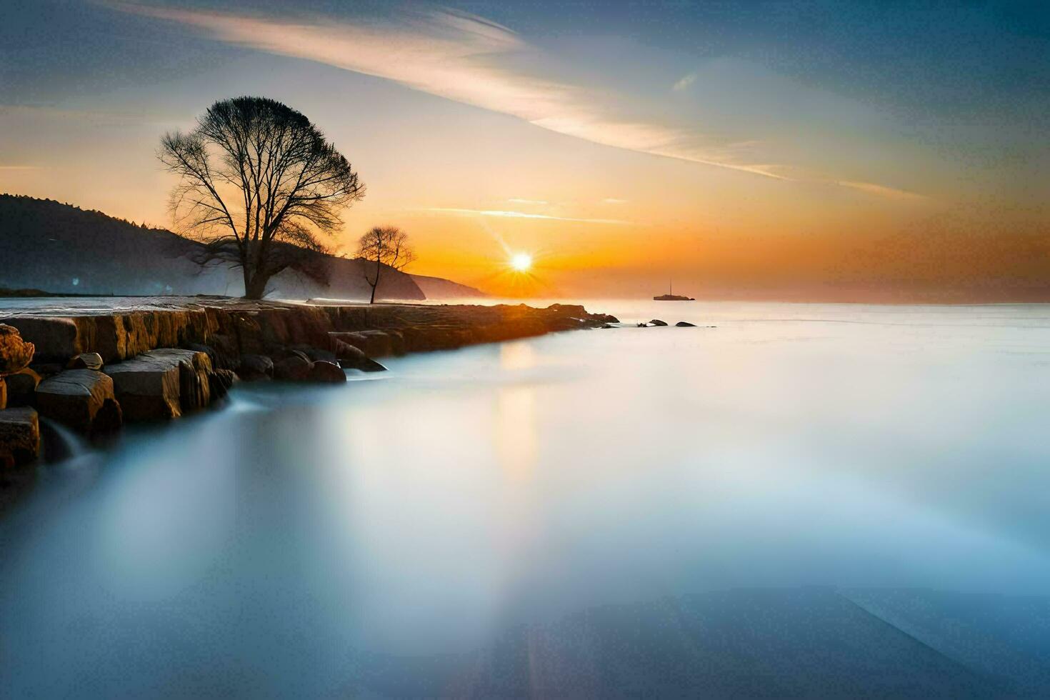 un árbol en el rocas a puesta de sol. generado por ai foto