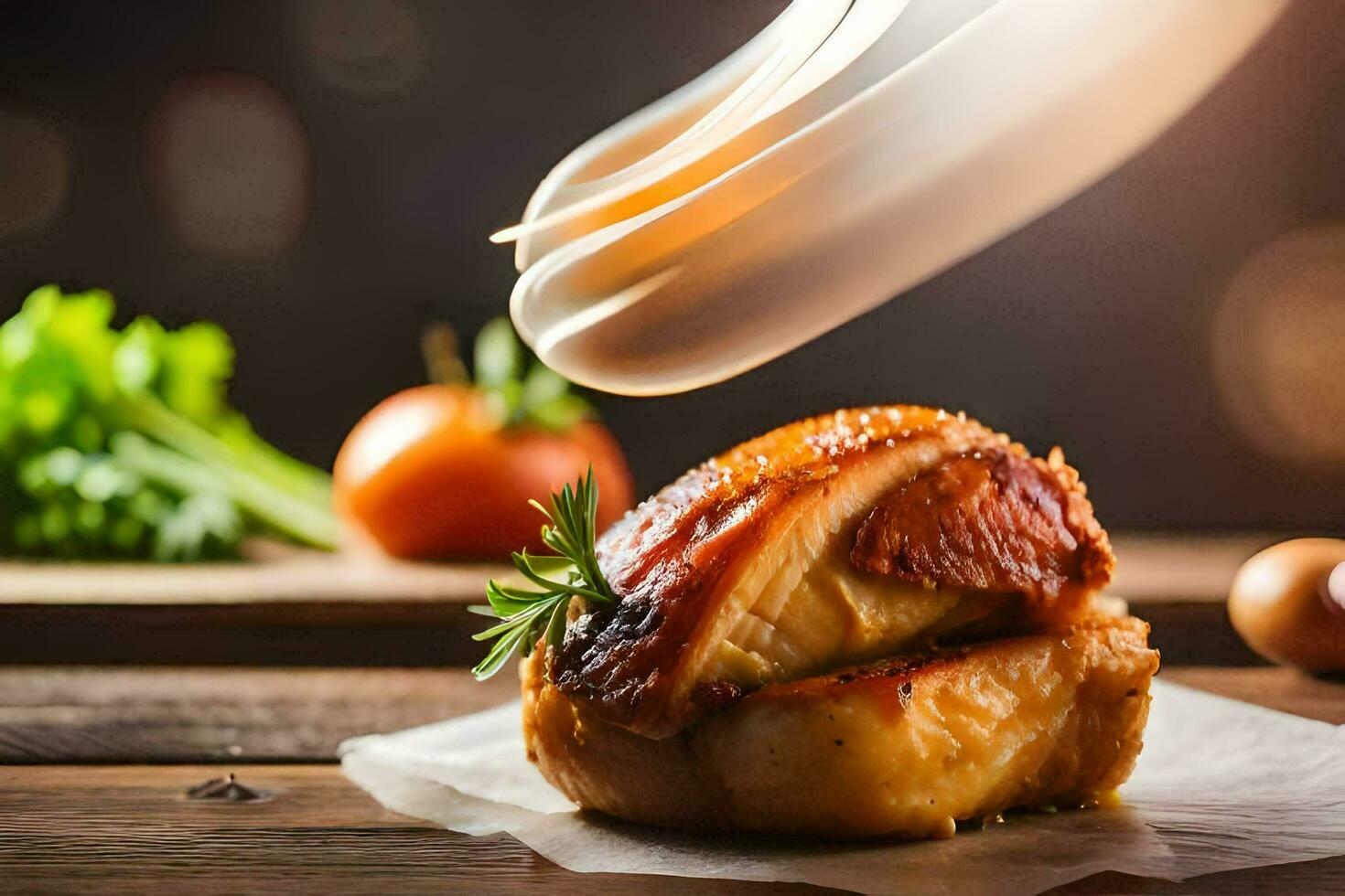 a piece of chicken is being cooked on a wooden table. AI-Generated photo