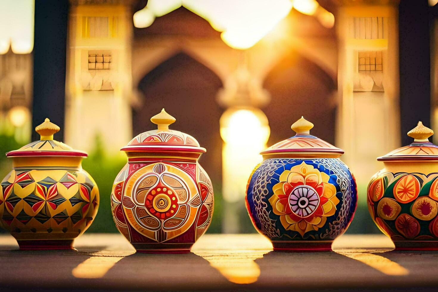 three colorful ceramic jars with designs on them. AI-Generated photo
