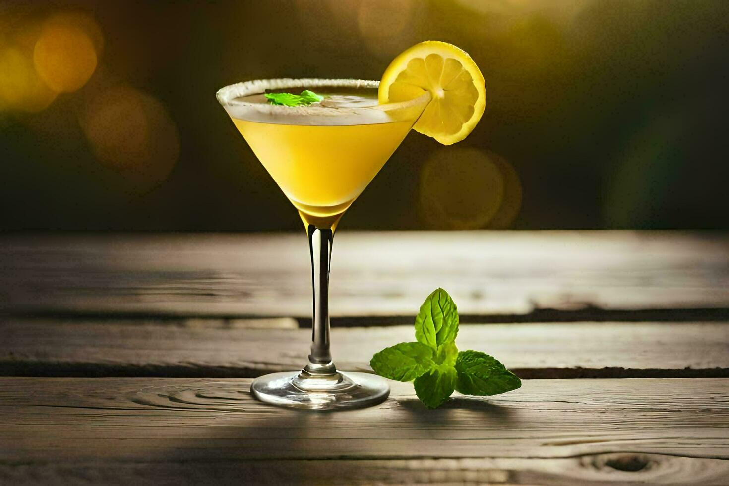 a cocktail with lemon and mint on a wooden table. AI-Generated photo