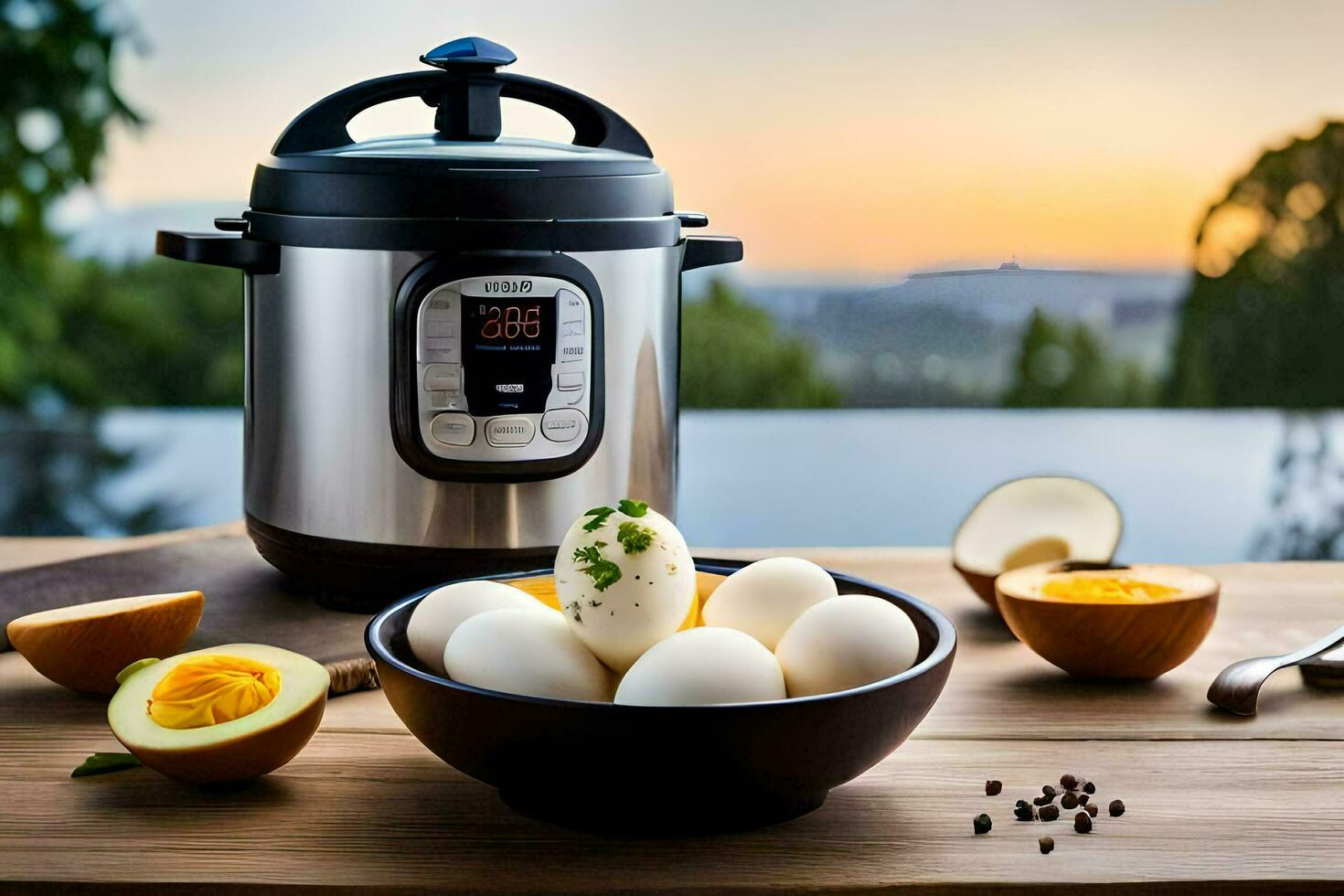 an instant pot with eggs and a bowl of eggs. AI-Generated photo