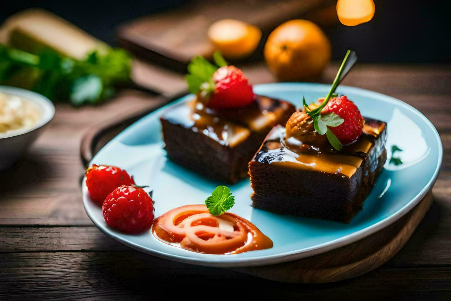 two pieces of chocolate cake with strawberries on a blue plate. AI-Generated photo