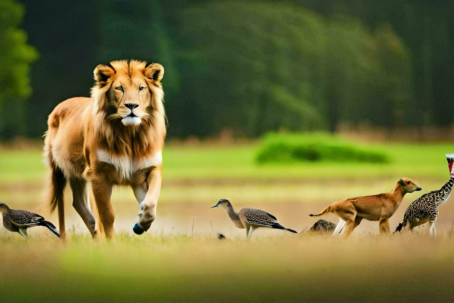 a lion and a group of birds in a field. AI-Generated photo