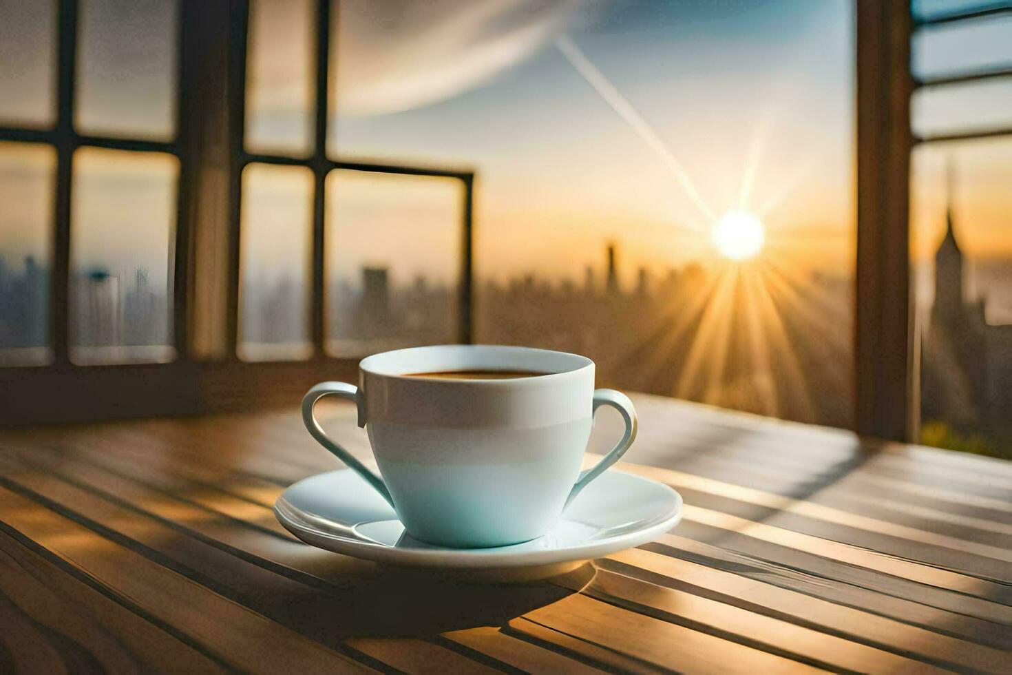 a cup of coffee on a wooden table in front of a cityscape. AI-Generated photo