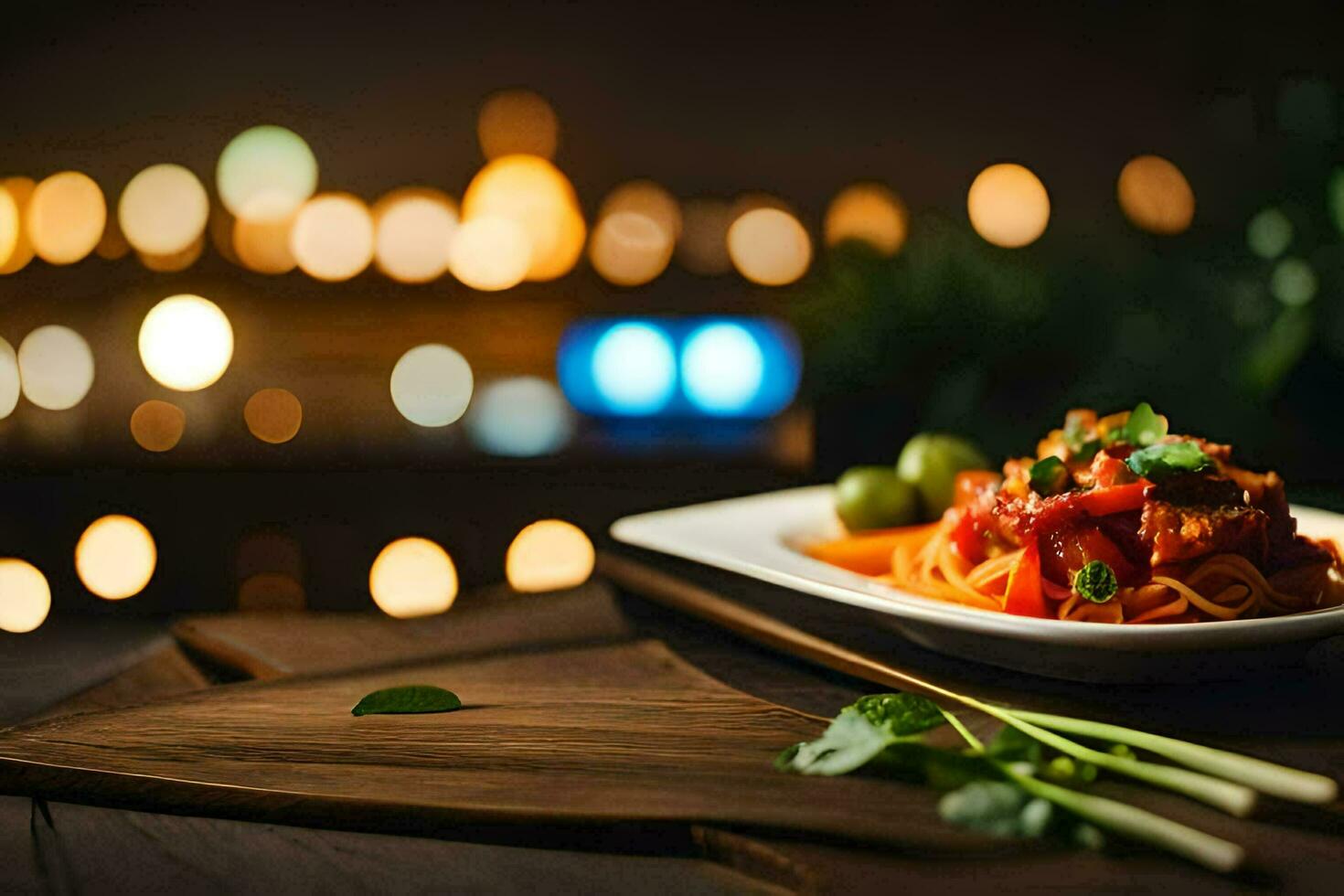 a plate of pasta with sauce and chopsticks on a wooden table. AI-Generated photo
