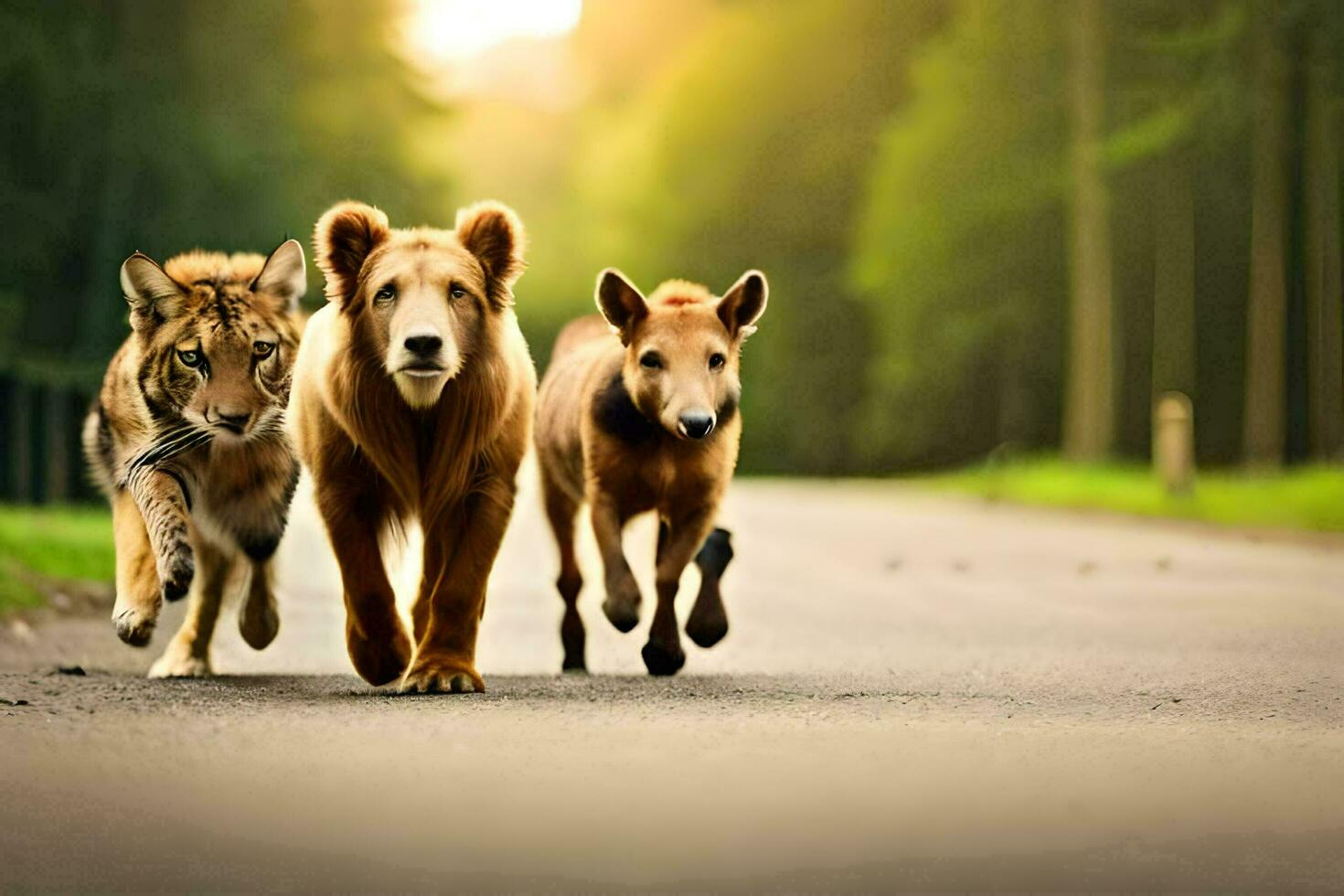 three brown bears and a tiger walking down a road. AI-Generated photo