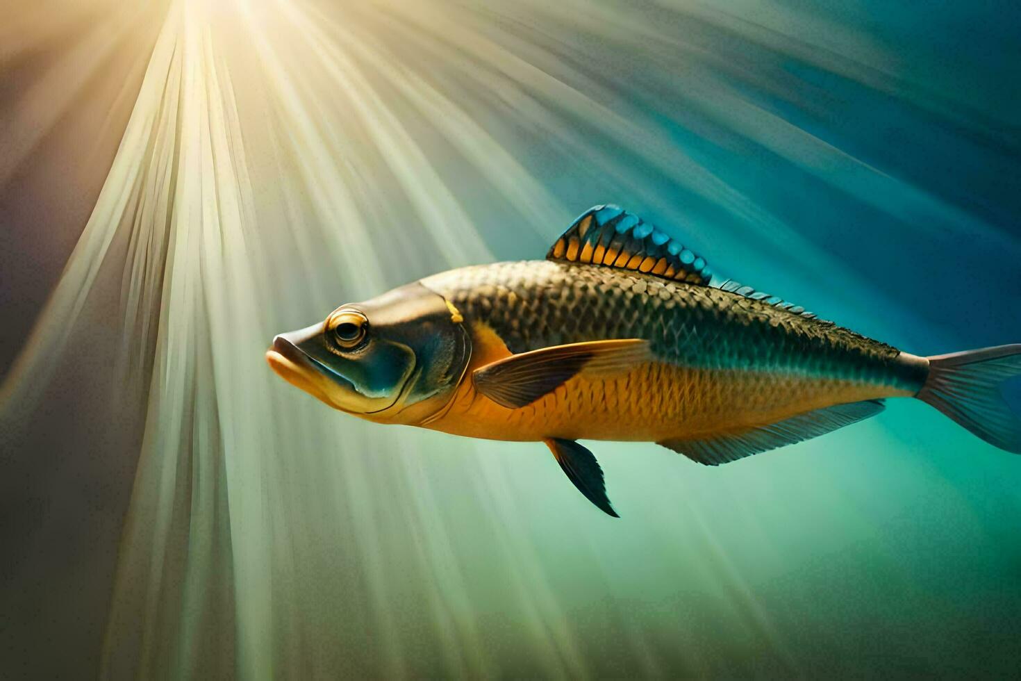 un pescado en el agua con luz de sol brillante a través de. generado por ai foto