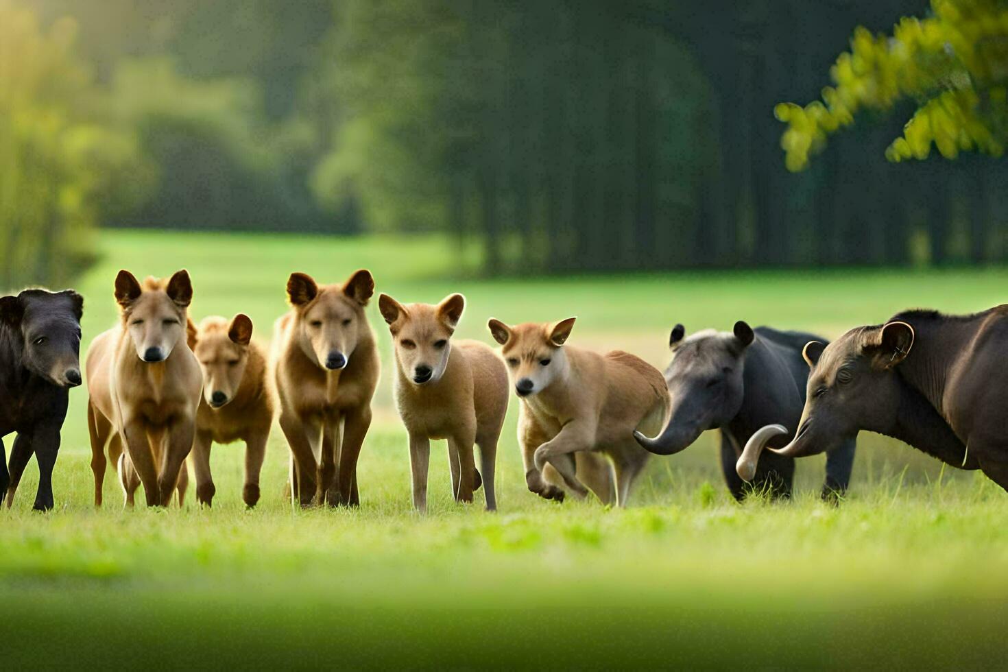 a group of dogs and elephants walking in the grass. AI-Generated photo