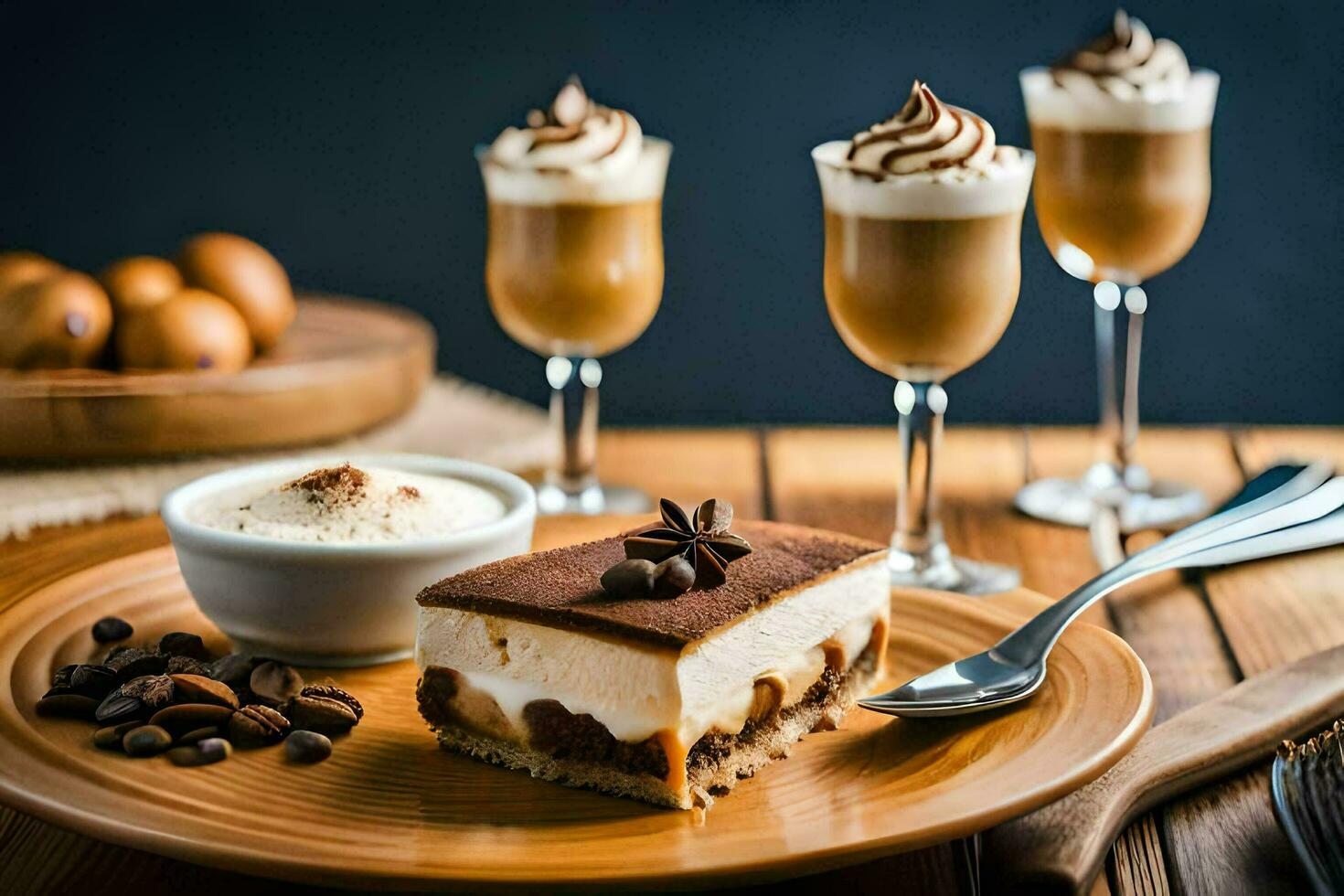 a dessert with coffee and chocolate on a wooden table. AI-Generated photo