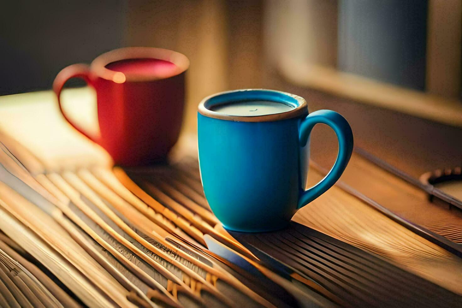 two coffee cups on a wooden table. AI-Generated photo