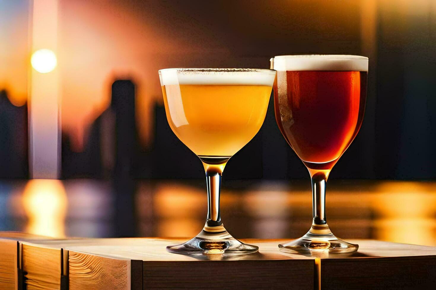 two glasses of beer on a table in front of a city skyline. AI-Generated photo
