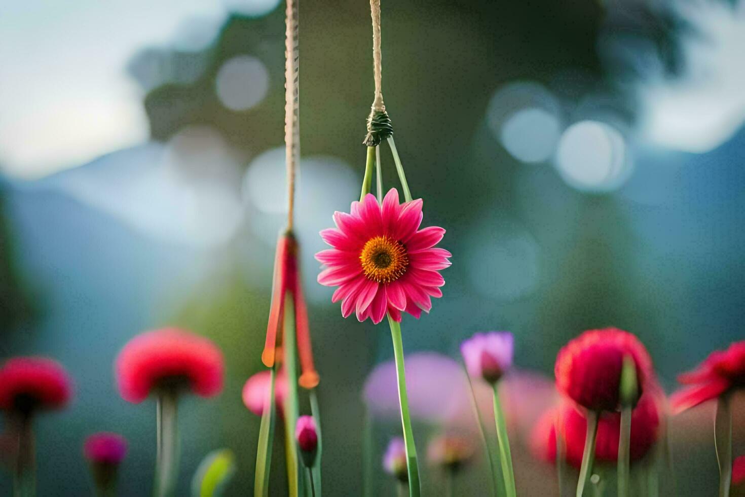 a pink flower is hanging from a string. AI-Generated photo