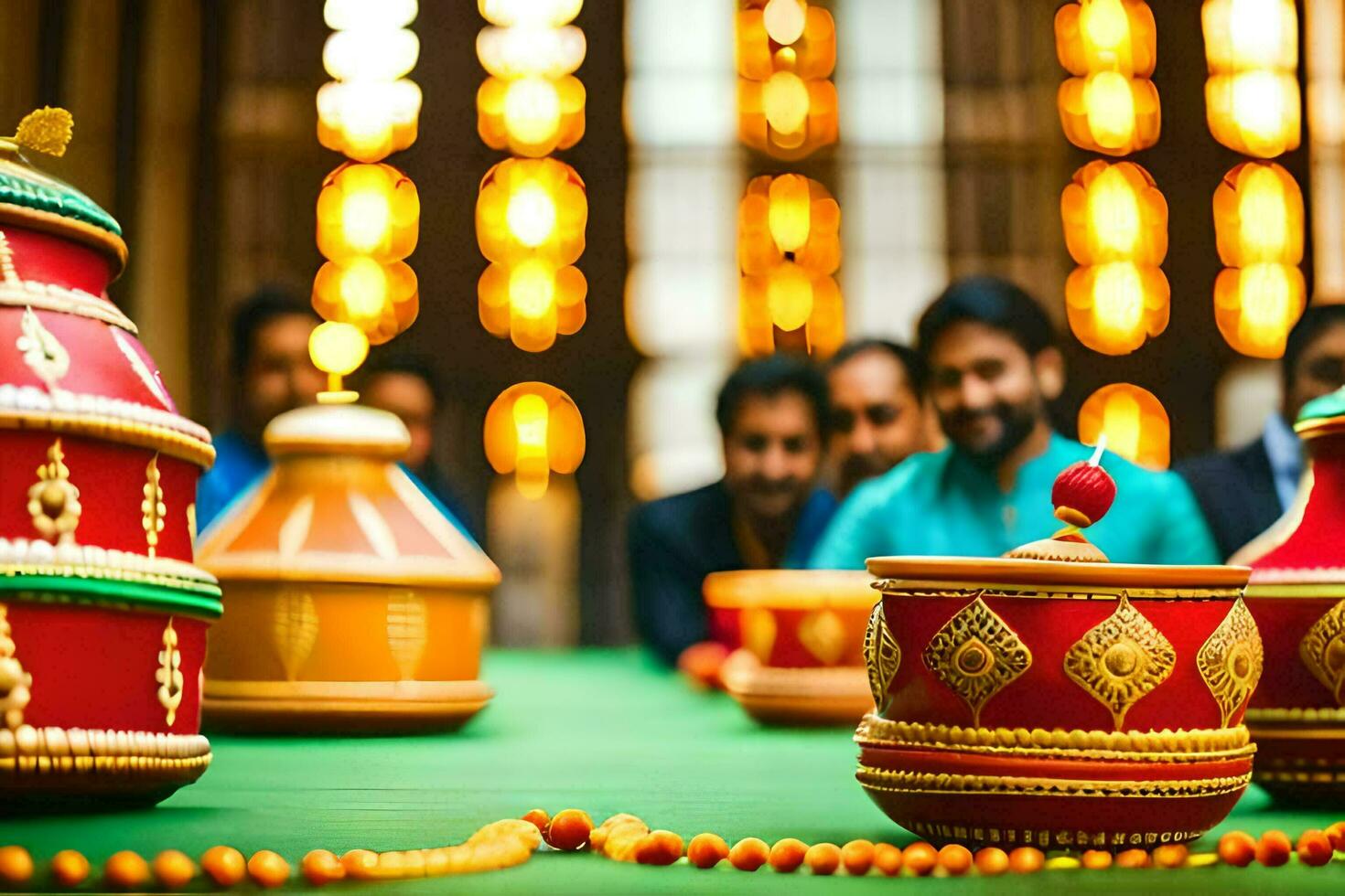 a table with colorful pots and bowls on it. AI-Generated photo