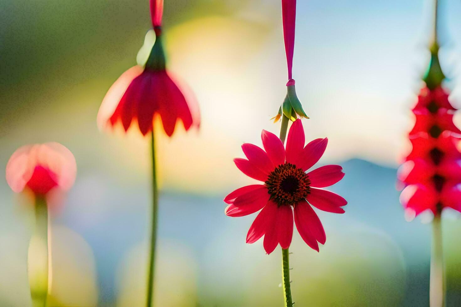 red flowers hanging from a string. AI-Generated photo