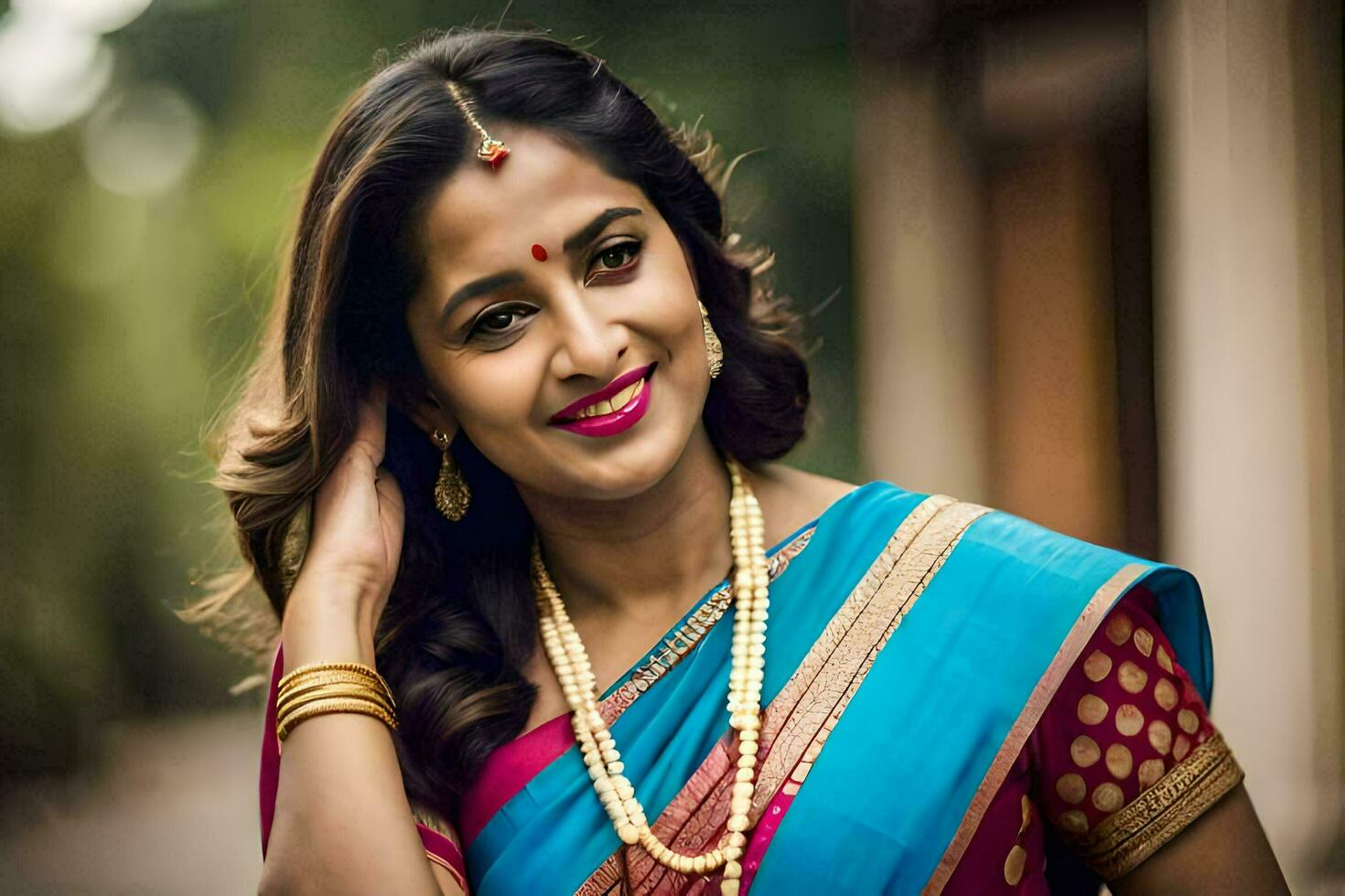 a woman in a blue and pink sari smiling. AI-Generated photo
