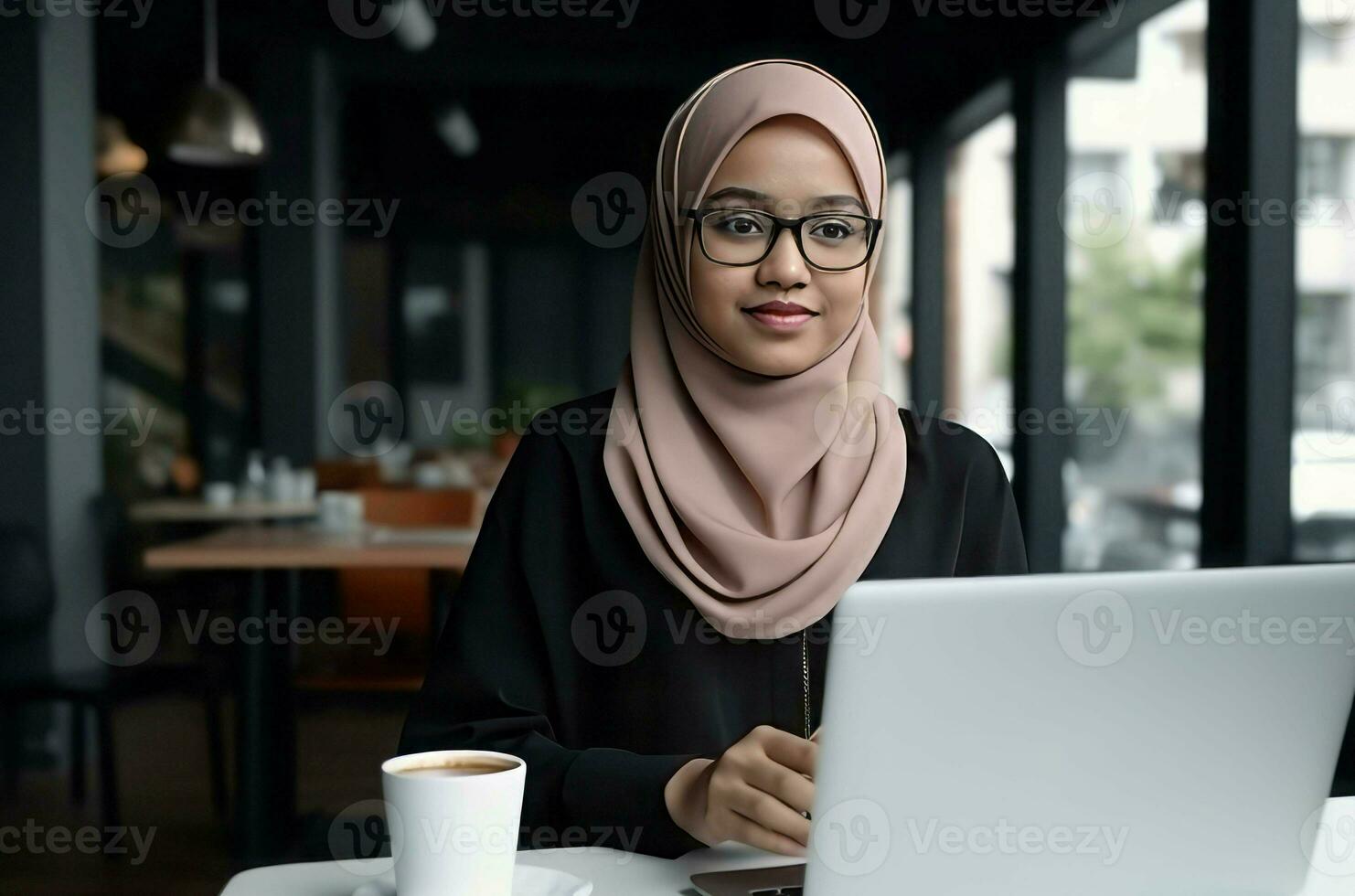 Pretty woman hijab working at computer. Generate Ai photo