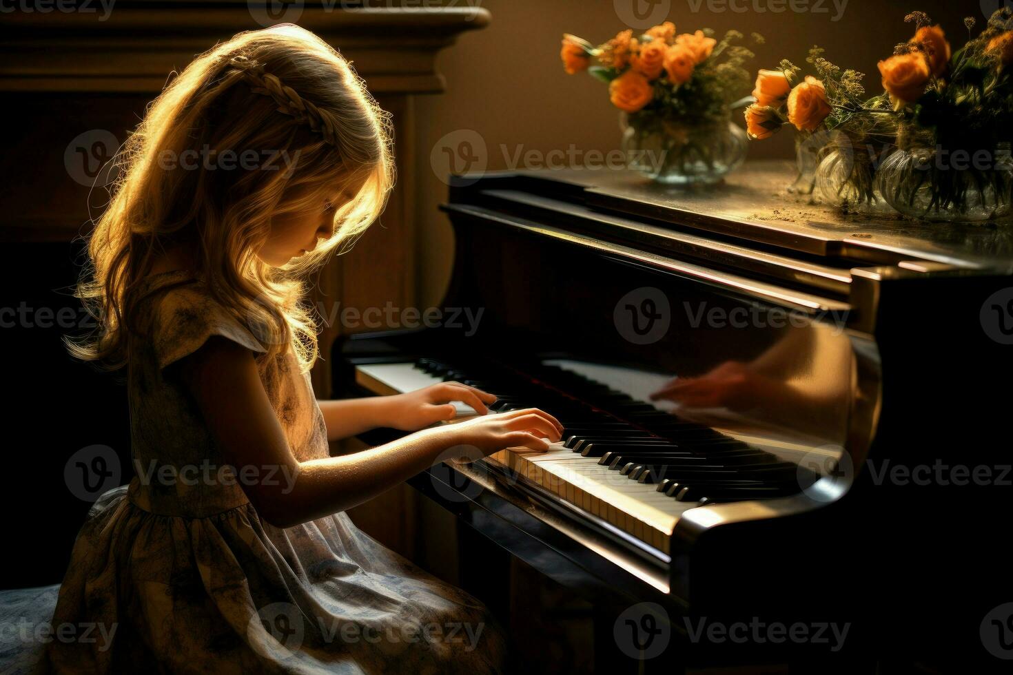 Serene Girl plays piano in light. Generate Ai photo