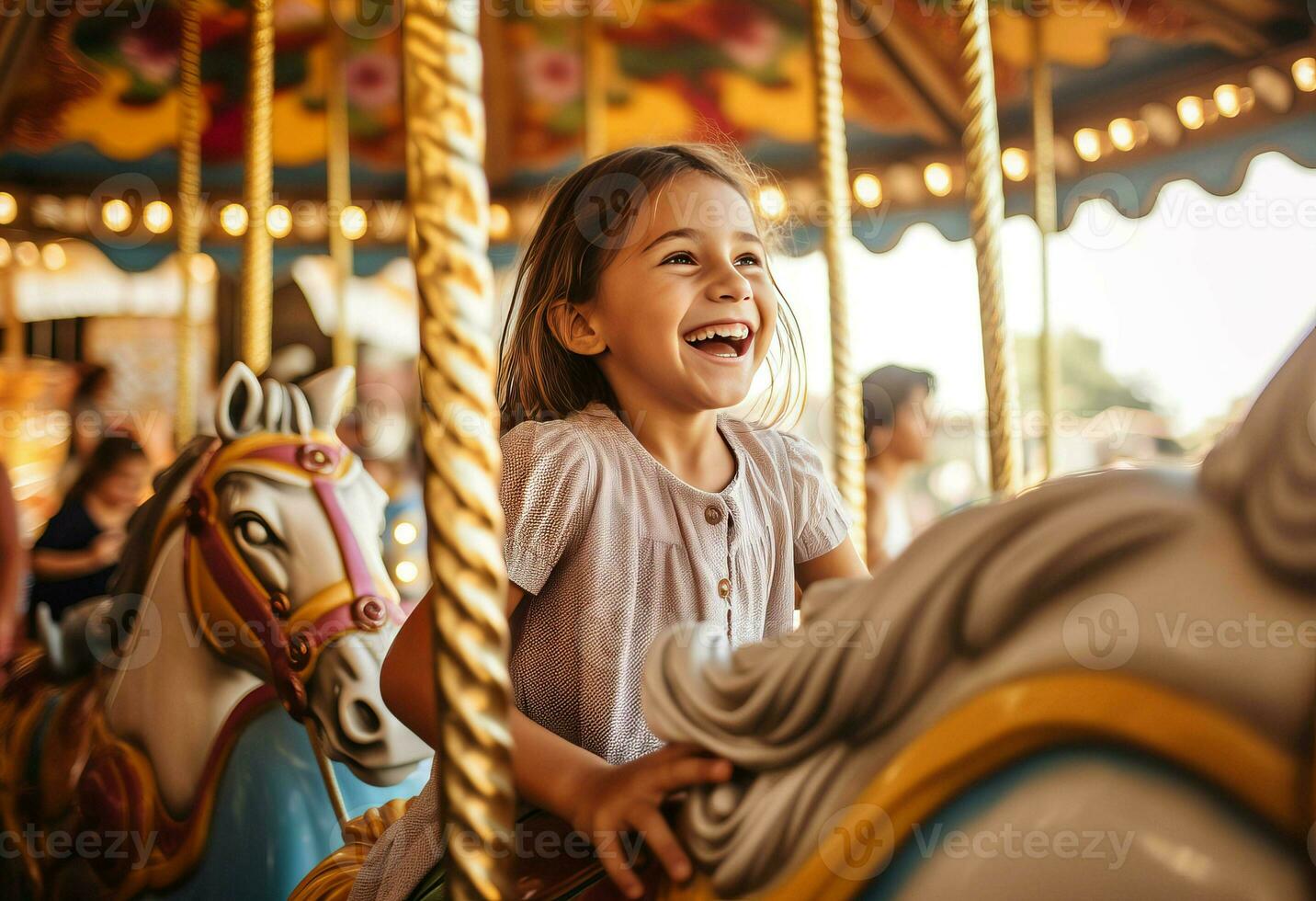 Happy girl on colorful carousel. Generate ai photo