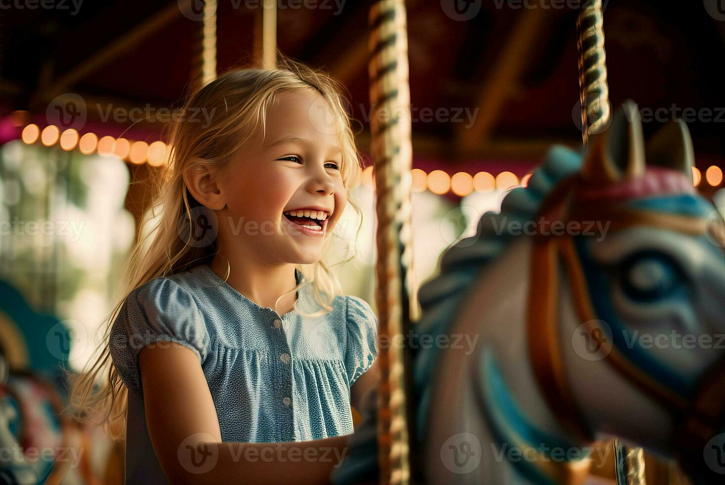 Laughing girl in carousel amusement park. Generate ai photo