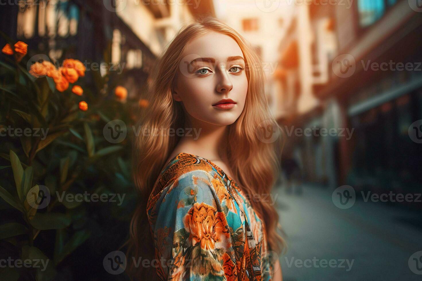 hermosa de moda niña en floral vestido. generar ai foto