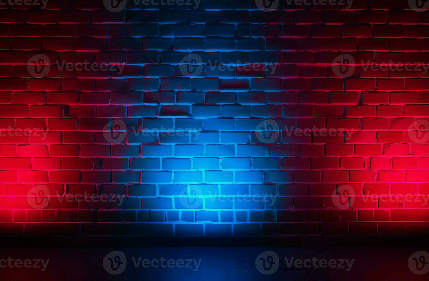 Neon blue red brick wall big lights. Generate AI photo
