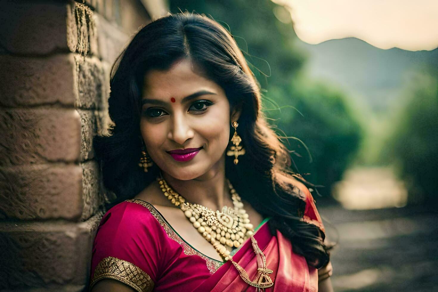 a beautiful indian woman in a pink sari. AI-Generated photo