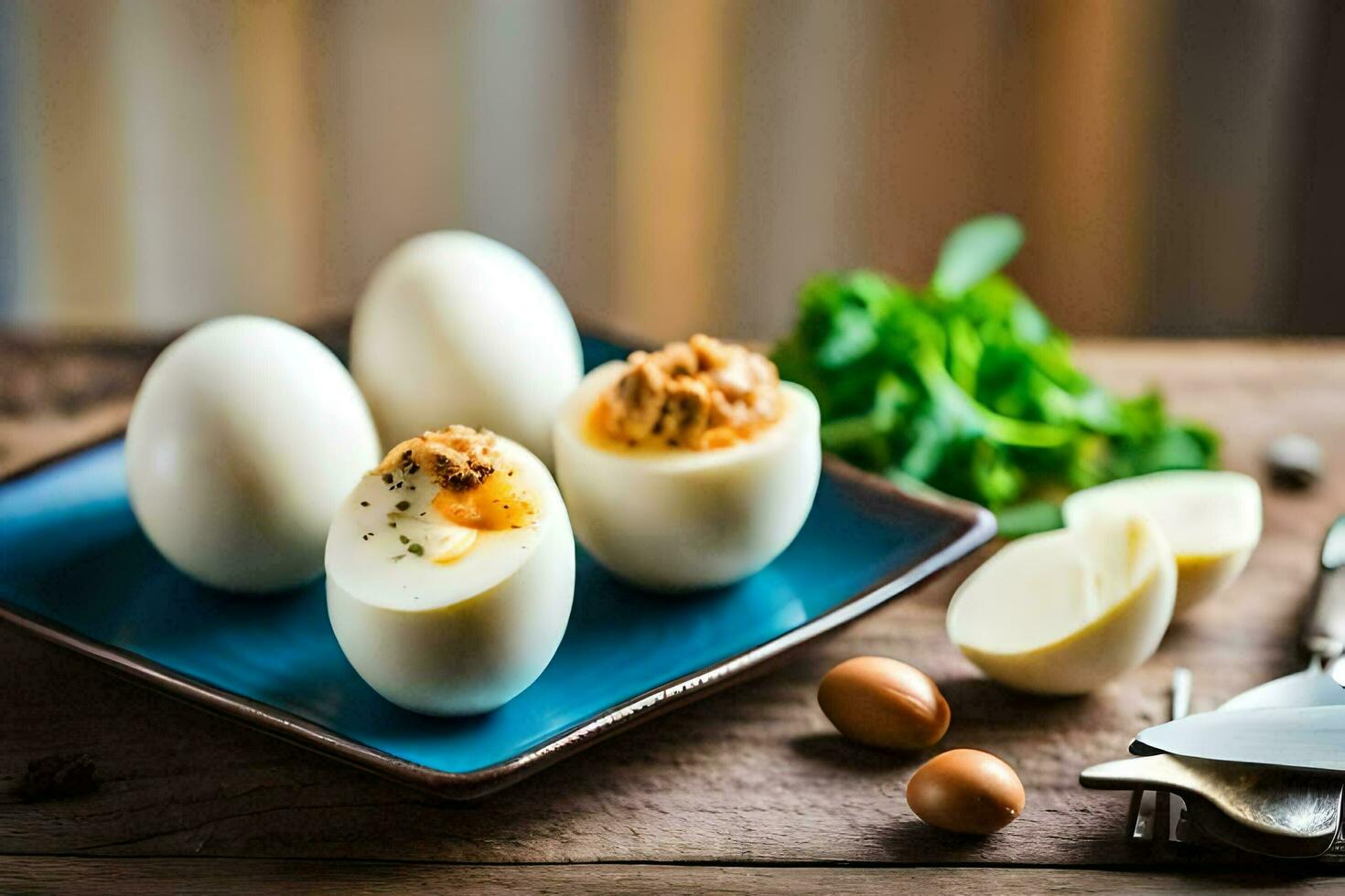 muy condimentado huevos en un azul plato con un cuchillo y tenedor. generado por ai foto