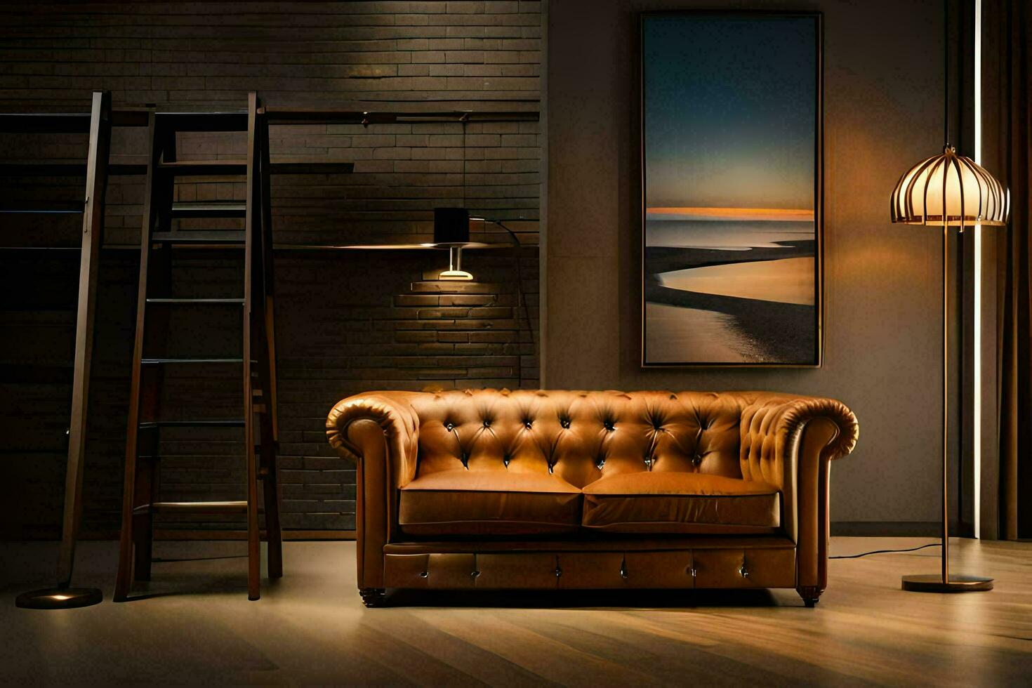 a leather sofa in a room with a ladder. AI-Generated photo