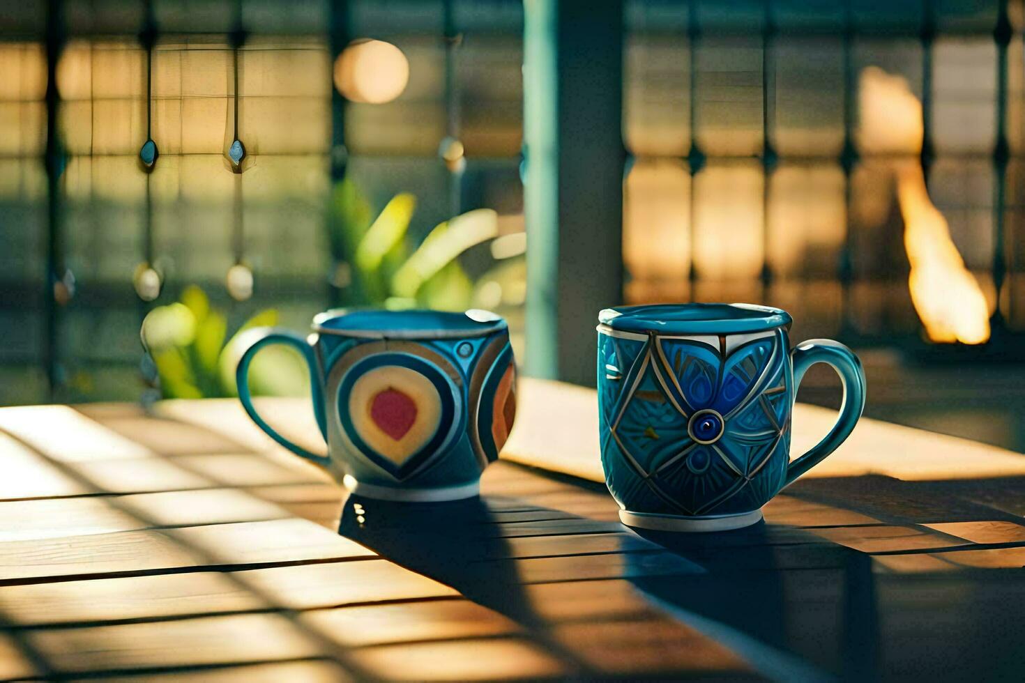 two coffee mugs on a wooden table. AI-Generated photo