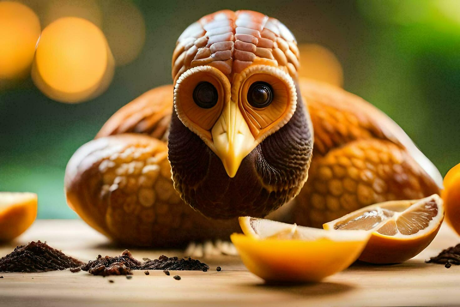 a bird made out of chocolate with oranges and spices. AI-Generated photo