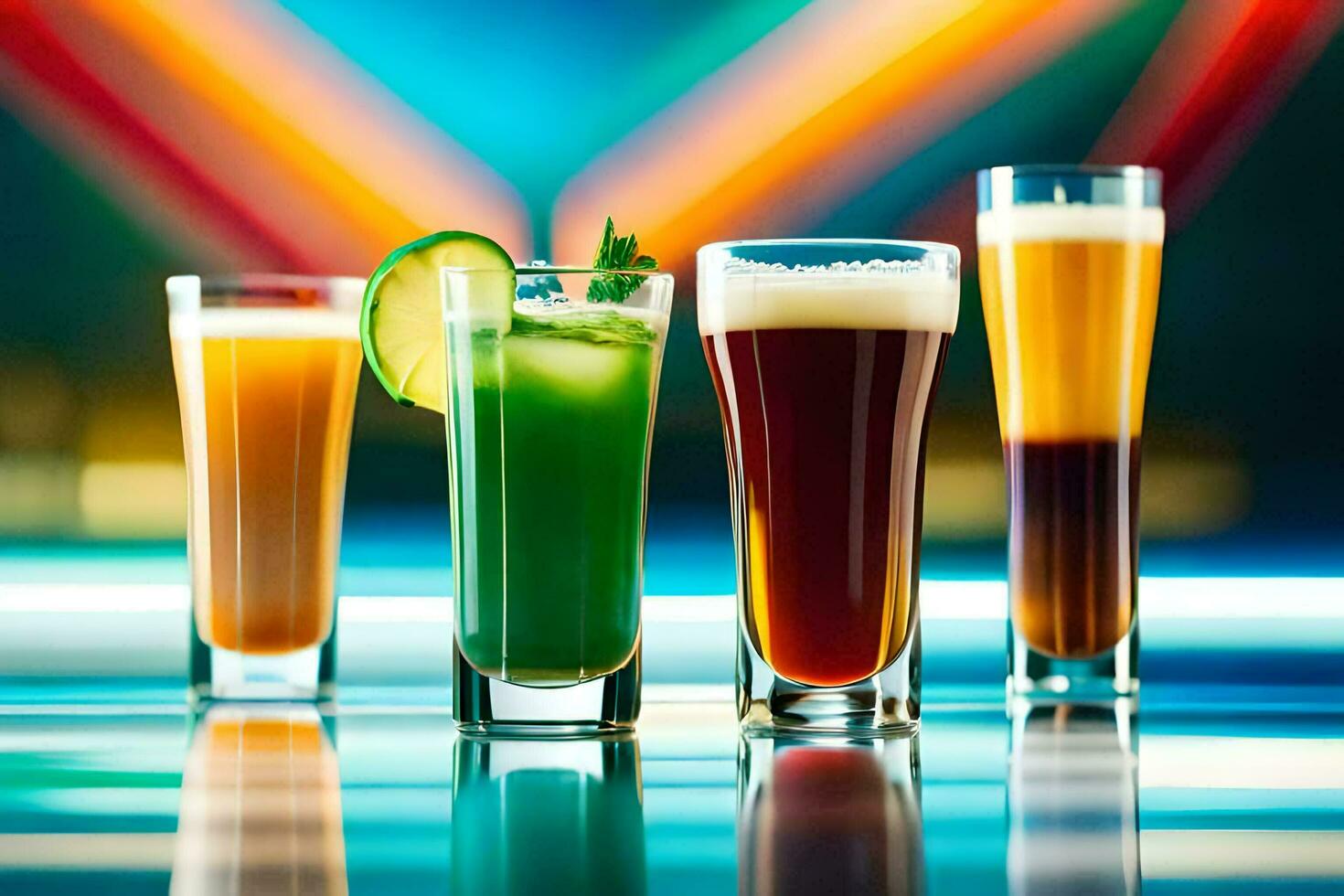 four different drinks in glasses on a table. AI-Generated photo