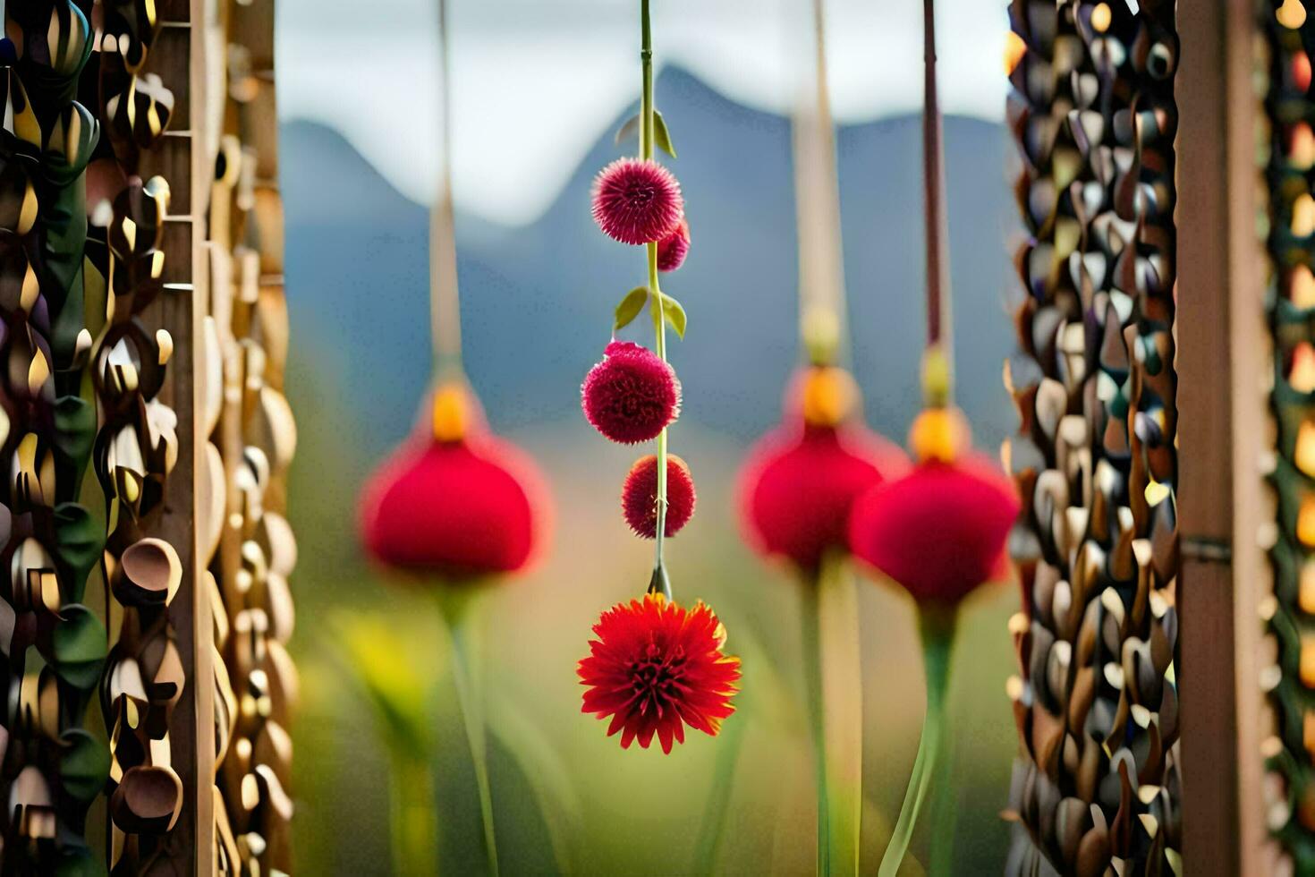 red flowers hanging from a string. AI-Generated photo