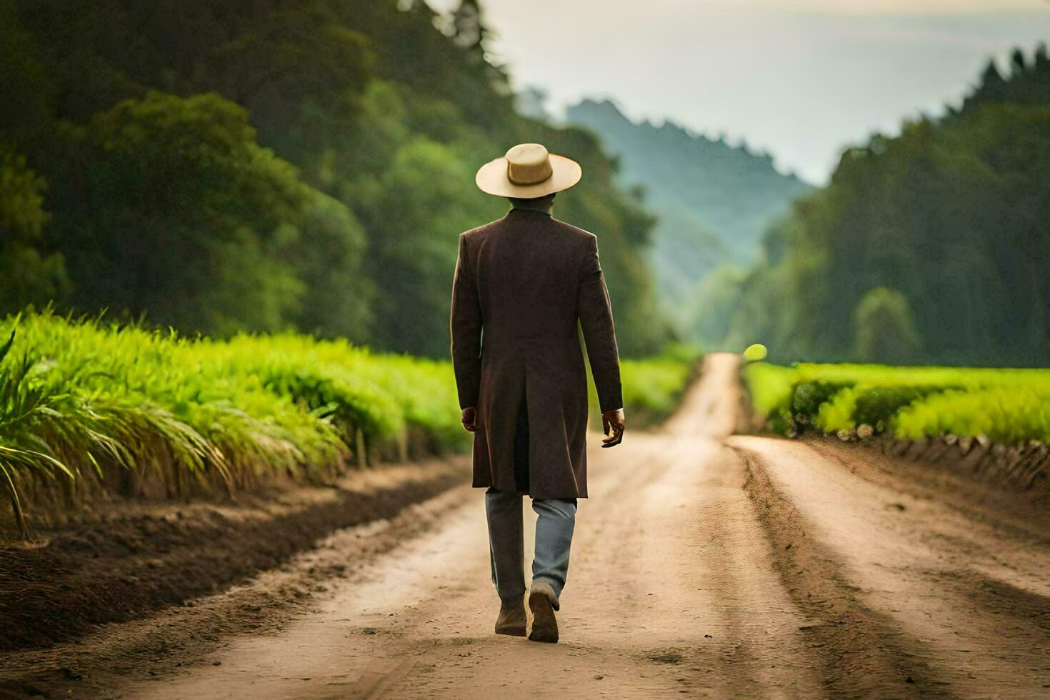 a man in a hat walks down a dirt road. AI-Generated photo