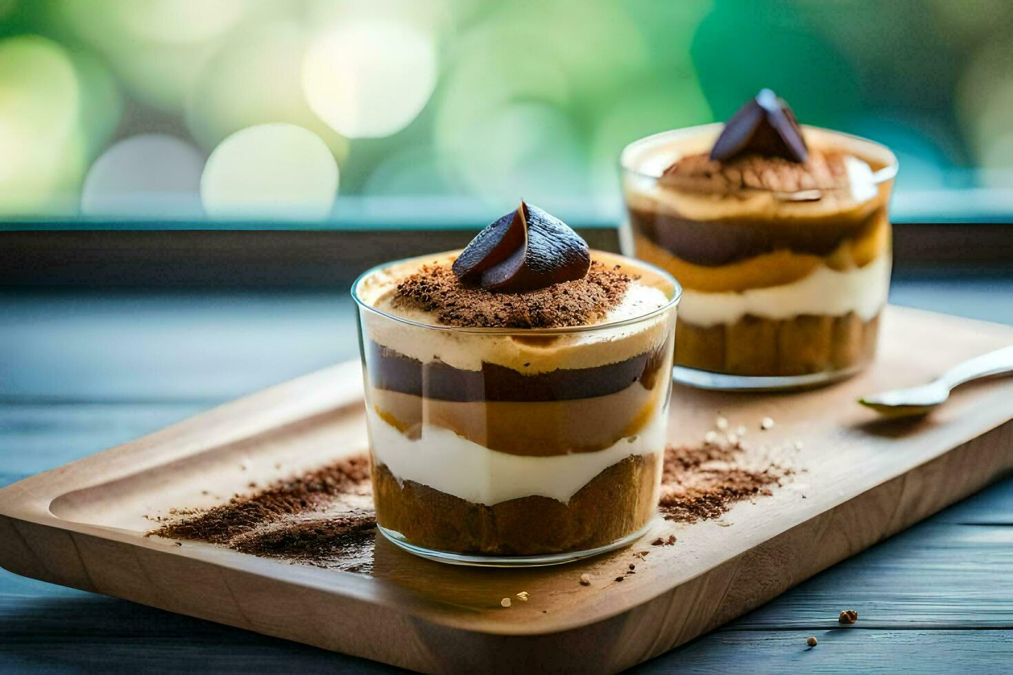 two dessert cups with chocolate and coffee on a wooden tray. AI-Generated photo