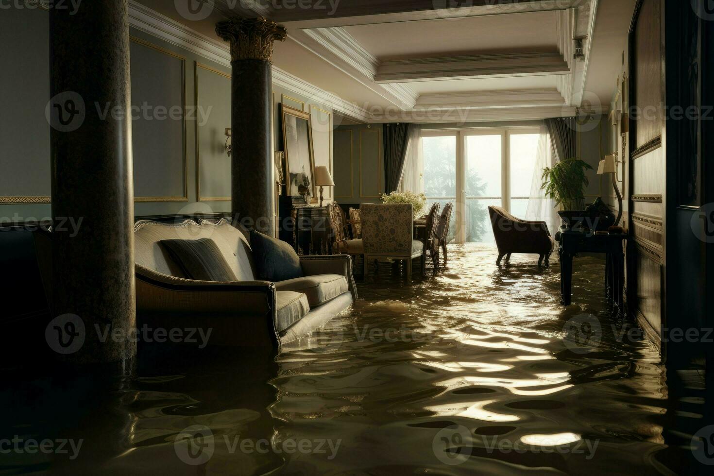 Wrecked Flooded flat interior room. Generate Ai photo