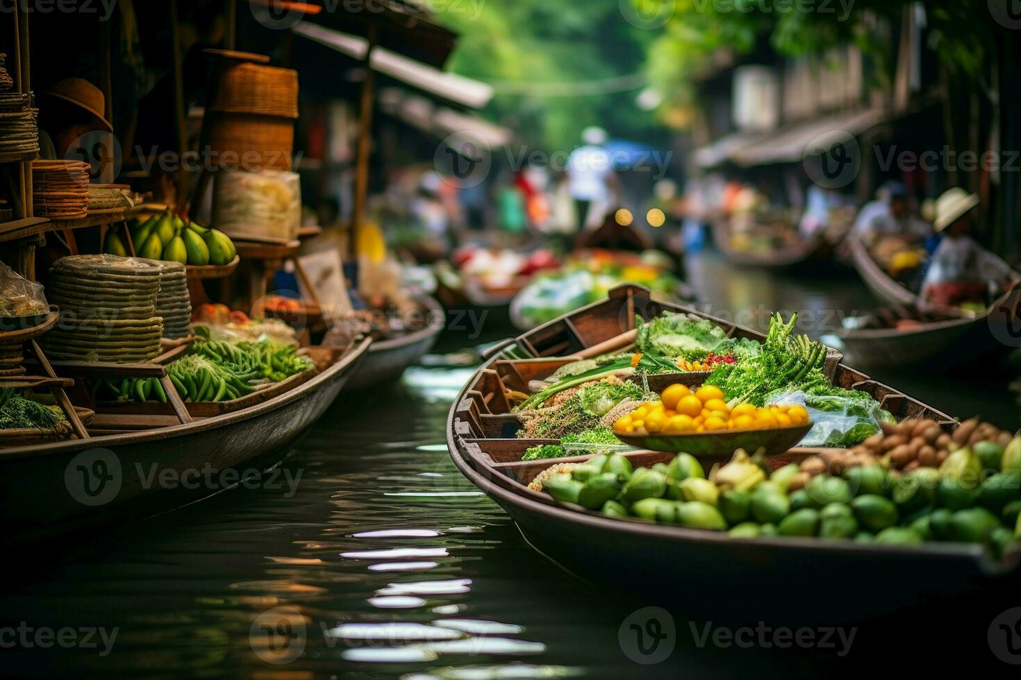 Unique Floating food market river. Generate Ai photo