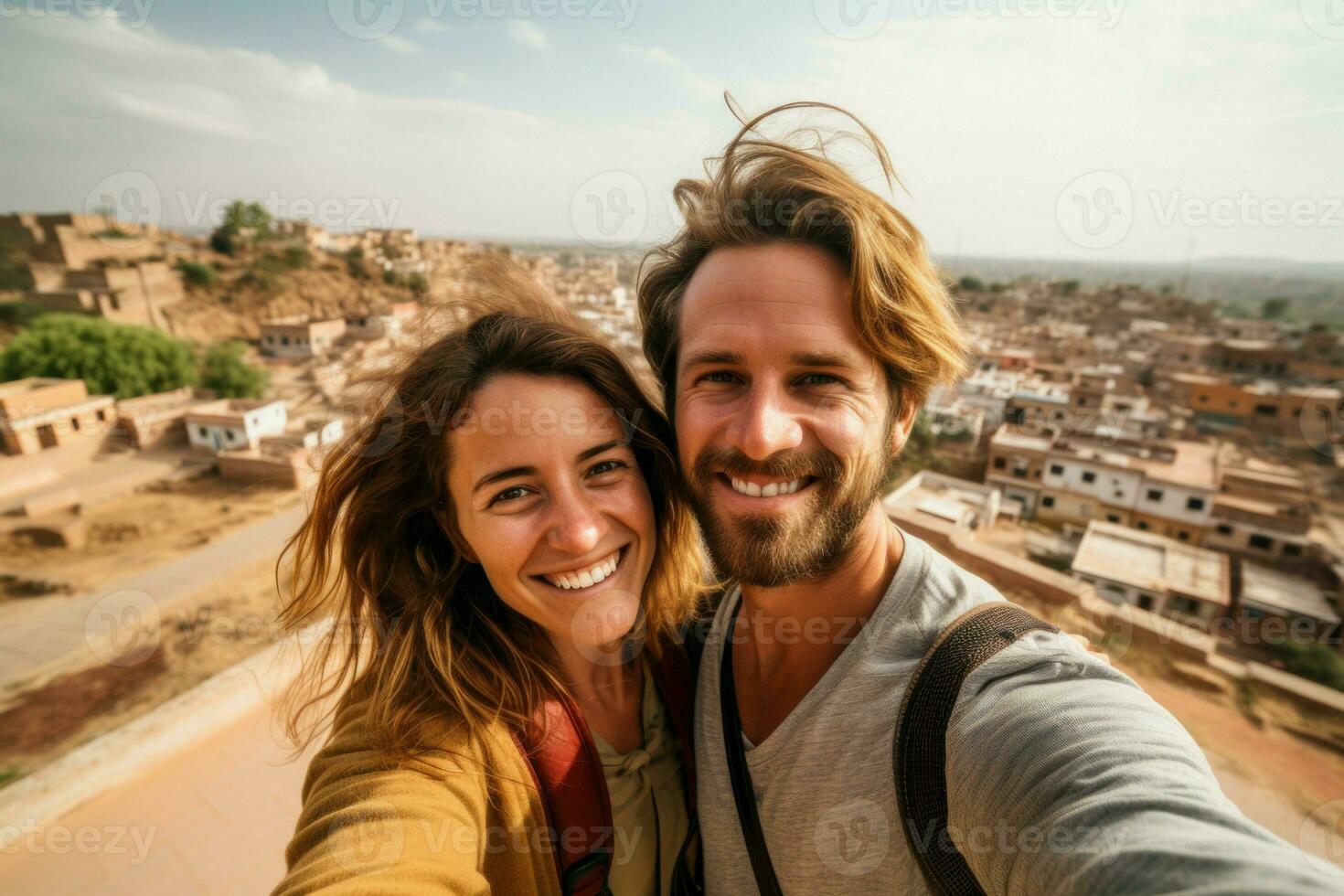 Romantic Couple traveler selfie. Generate Ai photo