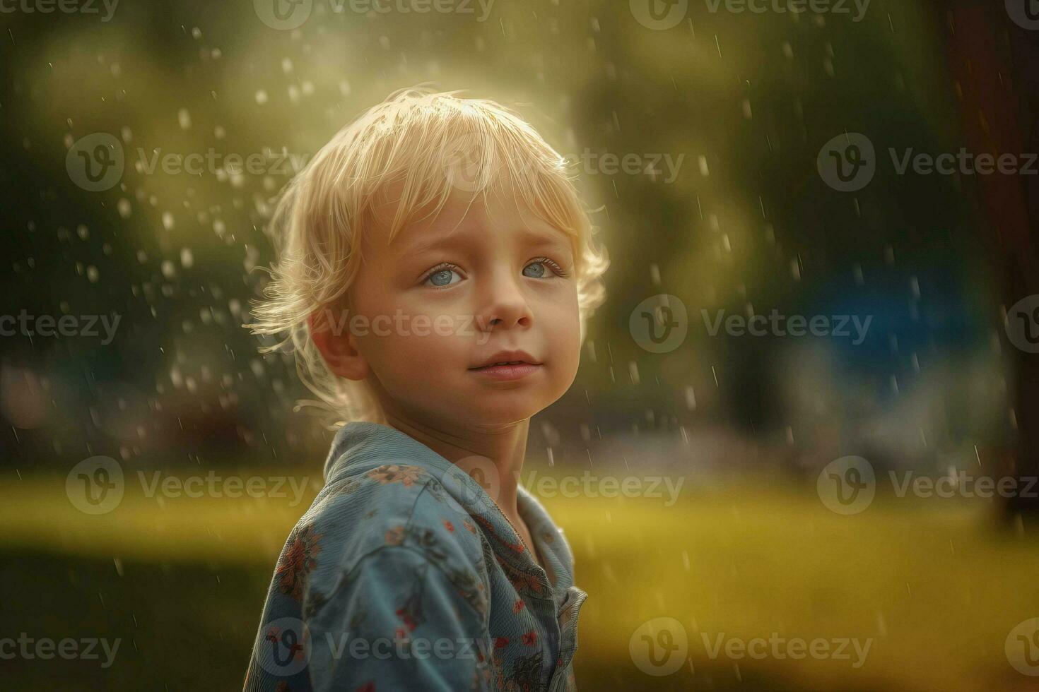 Blond child posing in park on rainy weather. Generate ai photo