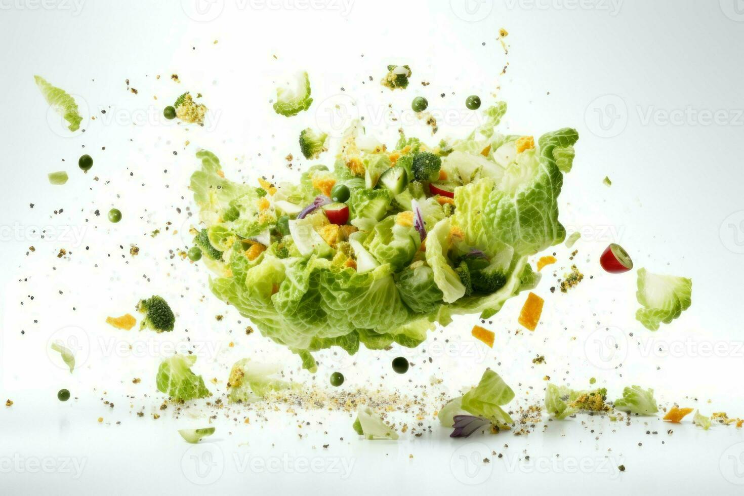 Cascading Caesar salad falling. Generate Ai photo